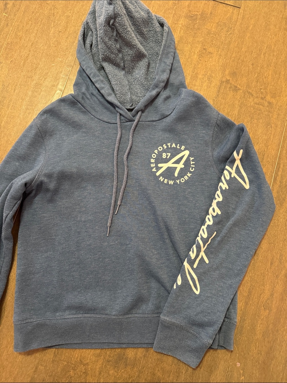 Aeropostale Men's Dark Blue Hooded Sweatshirt with Script Sleeve